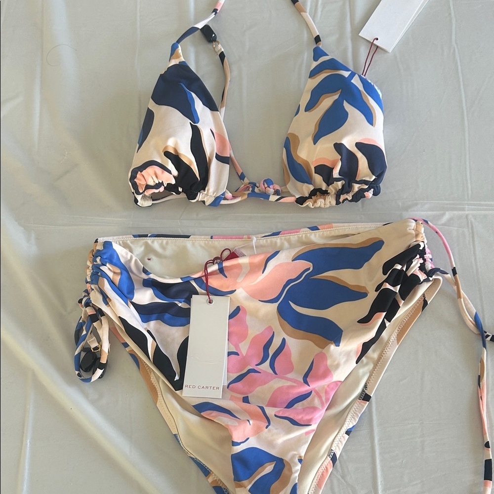 Red Carter Blue Pink Beige Abstract Print Triangle Bikini